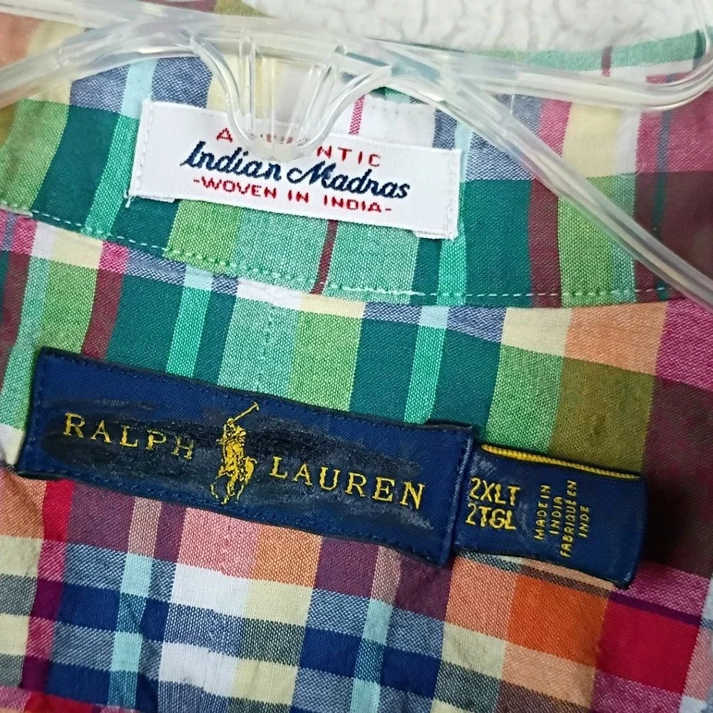 Ralph Lauren Short Sleeve Shirt Men 2XLT Multi Authentic Indian Madras‎ Plaid